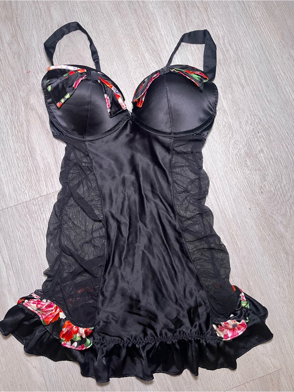 Victoria's Secret Black Satin Chemise with Floral Trim 34C